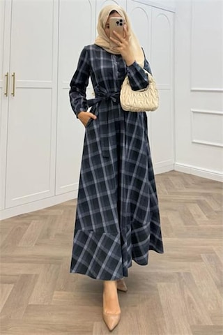 Neşeli Butik Kadın Ekose Desenli Düğme Detaylı Tesettür Elbise Nms076 Lacivert