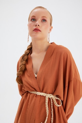 Sateen Kuşak Detaylı Salaş Kimono- Taba