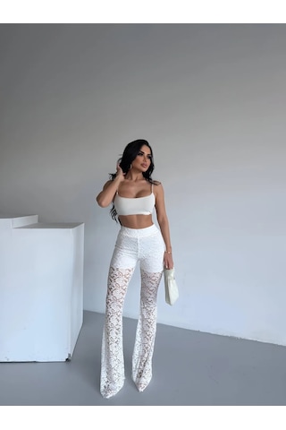 Havens Lace Kabartmalı İspanyol Paça Pantolon Beyaz