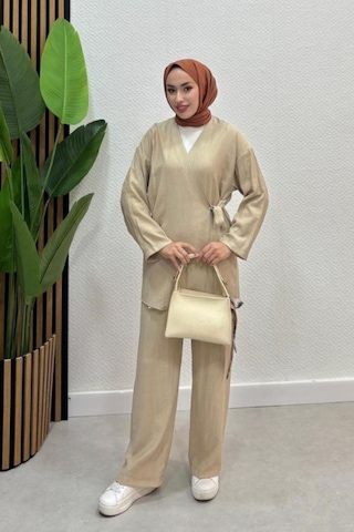 Zerogaprıse Kadın Çapraz Bağlamalı Keten Kimono Tesettür Pantolon Takım Bej