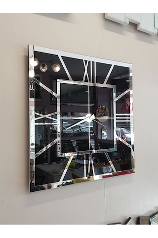 Ayna Denizi Silver Quare Black Model Gümüş Siyah Renk 60 CM x 60 CM Dekoratif Aynalı Duvar Saati Gümüş - Siyah