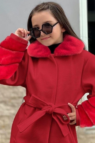 Riccotarz Kız Çocuk Yakası Ve Kol Uçları Peluş, Gizli Düğme Detaylı Kırmızı Kaşe Kaban 001