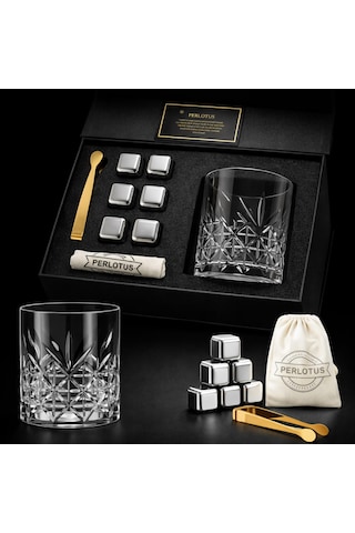 Perlotus Premium 345 Cc Kristal Bardak Ve Çelik Buz Küpü Seti Gıdaya Uygun Çelik Küp Gold Maşa Hediye Kutusunda Gümüş