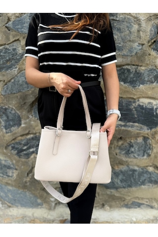 Just Polo Kadın Orijinal Just Polo Yumuşak Deri Ayarlanabilir Askılı Lüks El & Omuz Çantası Shoulder Bag Ekru