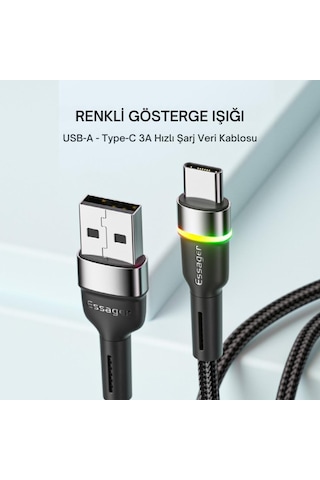 Essager Led Işıklı 2 Metre 3a Usb To Type-c Ultra Hızlı Şarj Kablosu,dayanıklı Renkli Led Işıklı Kablo