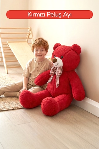 80 Cm Büyük Boy Yumuşak Papyonlu Oyuncak Ayıcık Kırmızı