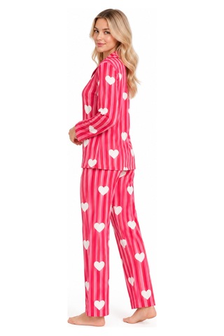 Sleeeproom Kadın Süet Düğmeli Mevsimlik Çizgili Kalp Desen Pijama Takımı Kırmızı Kalpli