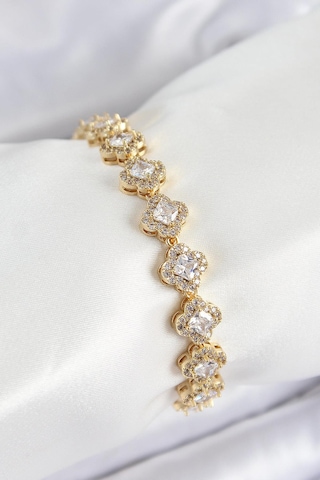 Pirinç Zirkon Taşlı Yonca Baget Model Gold Renk Vıp Seri Kadın Bileklik Çok Renkli