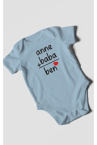 Anne Baba Ve Ben Baskılı Bebek Zıbını Çıtçıtlı Body %100 Pamuk Kısa Kol Bebe Mavisi