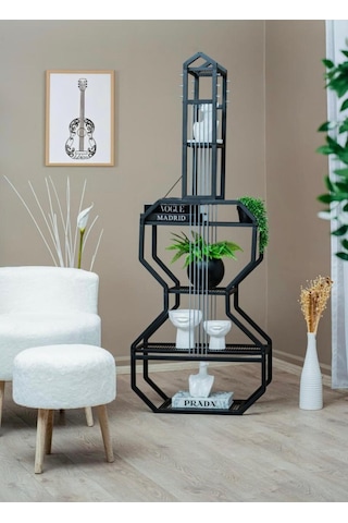 Gitar Formlu Metal Kitaplık Traverten Raflı Modern Dekoratif Aksesuar Rafı Siyah Çiçeklik Ünitesi