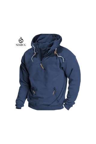 Sonbahar Ve Kış İçin Erkek Düz Renk Kapüşonlu Günlük Sweatshirt Mavi