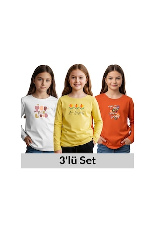 3'lü Yuvarlak Yaka Baskı Detaylı Kız Çocuk Sweatshirt Çok Renkli