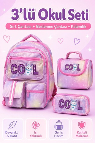 Yeni Sezon Co L Model 3 Lü İlkokul Çanta Seti Sırt Çantası + Beslenme Çantası + Kalemlik Pembe