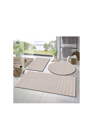 Raschel Carpet Balat Halı 3'lü Kaymaz Taban Bubble Peluş Banyo Paspası 50x50 Yuvarlak -50x50 Ve 50x70 Kahverengi