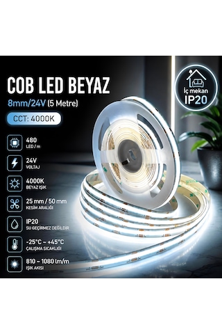 Cob Led Beyaz 8mm/24v 5 Metre 4000K