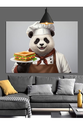 Panda Aşçı Sandviç Tutuyor Dekoratif Kanvas - Mdf Ahşap Tablo