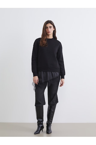 Lcw Vision Siyah Dantel Detaylı Oversize Kadın Kalın Sweatshirt