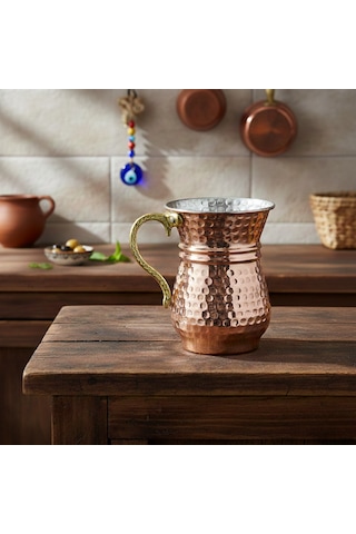 Ludıa Geleneksel El İşlemesi 300ml Bakır Kulplu Maşrapa Ayran Bardağı 7,5cmx10cm Bakır