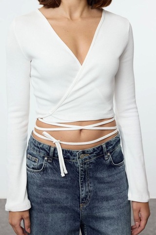 Ersefa Moda Kruvaze Örme Slim Düz Desen Casual Günlük Crop Uzun Kol Bluz Ekru