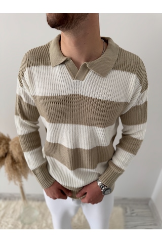 Say-Has Fashion Rahat Kalıp Erkek Polo Yaka Çizgili Triko Kazak Bej