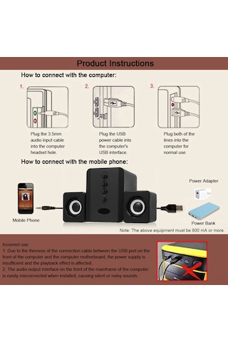 Yifomall D-202 Bt 4.2 Kablolu Hoparlör Seti, 3.5mm Bağlantı, 10m Mesafe, 3w Güç, Bilgisayar/ Telefon İçin Siyah