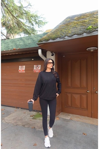 Cemo Günlük Uzun Kollu Bisiklet Yaka Basic Bluz/sweatshirt Siyah