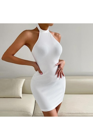 Hnxc Kadın Moda Yaz Bahar Düz Renk Baskı Kolsuz Yüksek Bel Günlük Elbiseler Beyaz