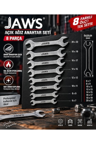 Jaws Açık Ağız Anahtar Takımı, 8 Parça Set, 6x7, 8x9, 10x11, 12x13, 14x15, 16x17, 18x19, 20x22 Mm, Isıl İşlem