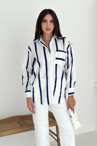 Asprin Fashion Kalın Lacivert Çizgili Gömlek Beyaz