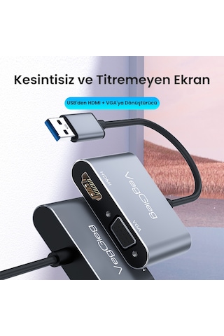 Veggieg Usb-a To 4k 30hz Hdmı Ve 1080p 60hz Vga Görüntü Çevirici Kablo
