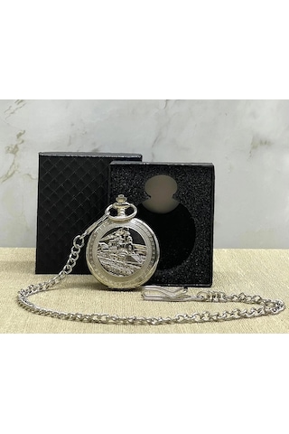 Özel Kutulu Tren Temali Gümüş Köstekli Saat Alk4675