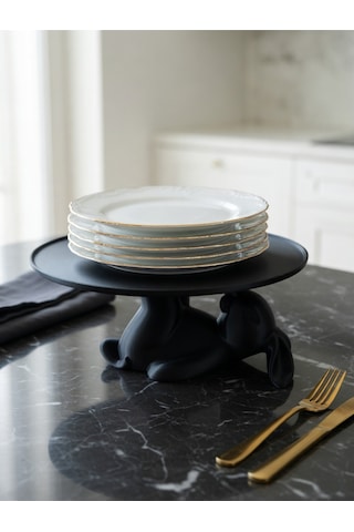 Dekoratif Tavşan Figürlü Tatlı Tabağı Standı Pasta Standı Mutfak Servis Standı 15x15 Şık Hediye Siyah