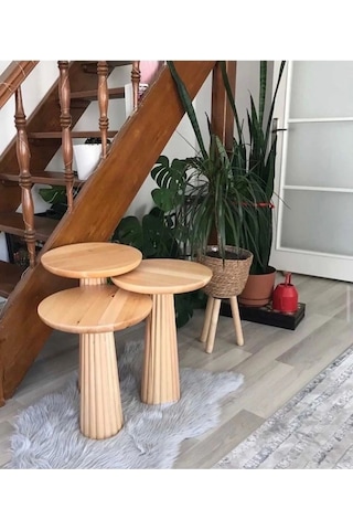 Simillo Wood Ahşap 3 Lü Set Fitilli Mantar Yan Sehpa Modern Fiskos / Çiçeklik / Zigon Sehpa Vernikli Ahşap