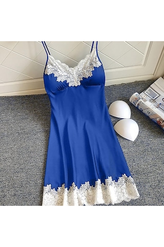 Saten Pijamalar Kadın Bayan Kıyafeti Gecelik Seksi İç Çamaşırı Göğüs Pedleri İle Mavi