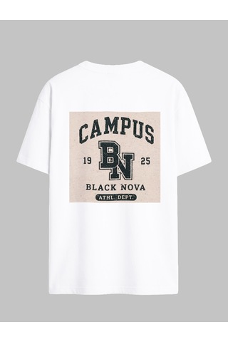 Black Nova Oversize Baskılı Unisex Tişört Nova Campus Beyaz