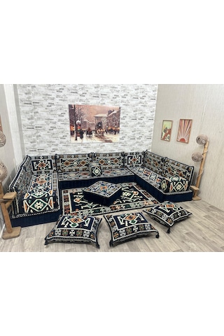 Coton Şark Köşesi Otantik Desenli Lüks Minder Takımı Konsept Lacivert