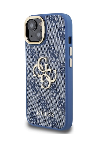 Apple iPhone 15 Uyumlu Kılıf Guess Lisanslı Metal 4g Ve Yazı Logolu Kamera Standlı Kapak Mavi