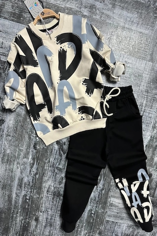 Harf Desenli Siyah Renk Erkek Çocuk Eşofman Takım Siyah