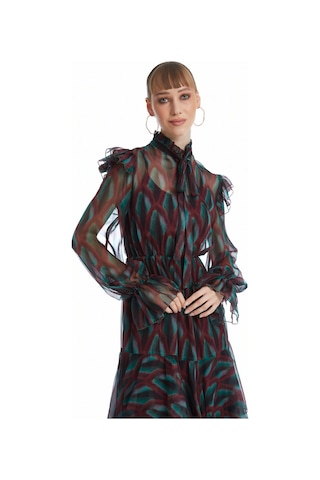 Serpil Exclusive Kadın Uzun Şifon Elbise - Kat Kat Etekli - Fular Detaylı, Modern Ve Hareketli Tasarım Günlük Ve Özel Gün Kullanımları İçin Şık Elbise Bordo