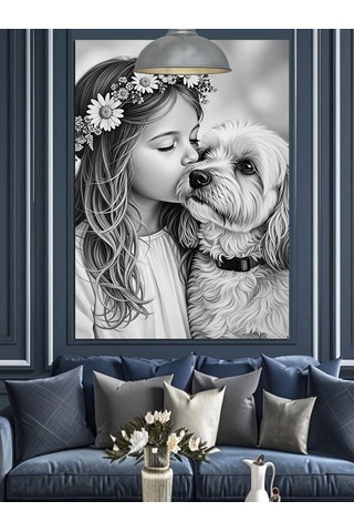 Kız Çocuğu Ve Köpek Dostluğu Sevimli Siyah Beyaz Dekoratif Kanvas - Mdf Ahşap Tablo