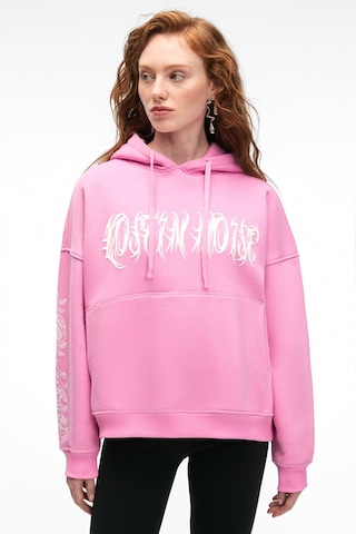 Grimelange ALIRAYNE Kadın Baskılı Oversize Kapüşonlu Kanguru Cep Pembe Sweatshirt