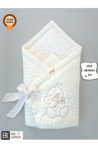 Nohut Bebek Battaniyesi & Kundağı Ayıcık İşlemeli Hastane Çıkışı Yenidoğan Örtü / Yorgan Ekru