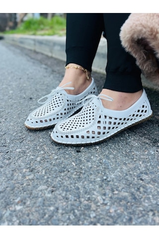 Dabab Shoes Vırena Kadın Beyaz Hakiki Deri File Bağcıklı Düz Taban Yazlık Babet Loafer Ayakkabı