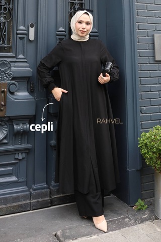Rahvel Umre Takımı Viskon Kumaş Tunik Pantolon Bir Arada Terletmez İç Göstermez Siyah