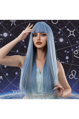 Mavi Uzun Düz Saç Kaküllü Peruk Yumuşak Ve Rüya Gibi Kadın Peruk Sentetik Peruk Doğal Alabilir Isıya Peruk Kaynak Çıtçıt 58638774