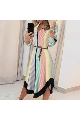 İlkbahar Ve Sonbahar Kadın Elbise Midi Baskılı Ekose Yaka Kravat Elbiseler Çok Renkli