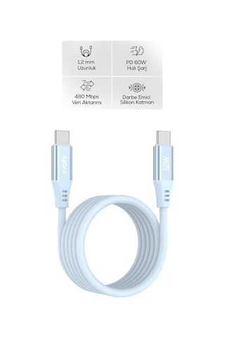 Type-c To Type-c Hızlı Şarj Kablosu 60w Pd, Ultra Esnek Silikon, 480mbps, 1.2m Mavi-v0201016