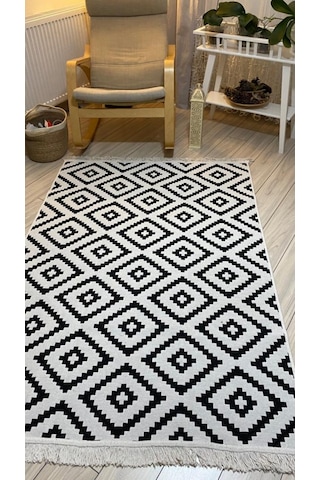 Kilim Çift Taraflı Pamuklu Dokuma Modern Kilim Siyah Beyaz Kilim