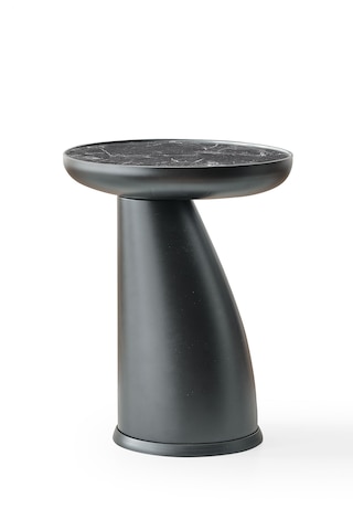 Altınaks Mobilya Elips Sehpa,tekli Sehpa,yan Sehpa,zigon Sehpa - Siyah Renk Gövde & Siyah Mermer Desenli Tabla