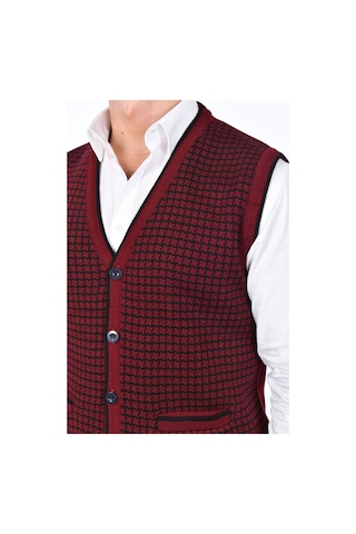 Kamalı Bordo Erkek Çelik Örgü Düğmeli Cepli Kazayağı Desen Tüylenmeyen Triko Kışlık Kazak Yelek Bordo